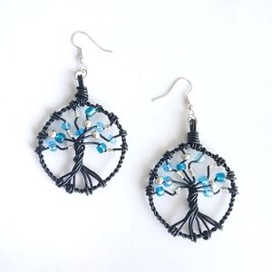 Black wire wrapped tree of life earrings blue silver glass beads new handmade